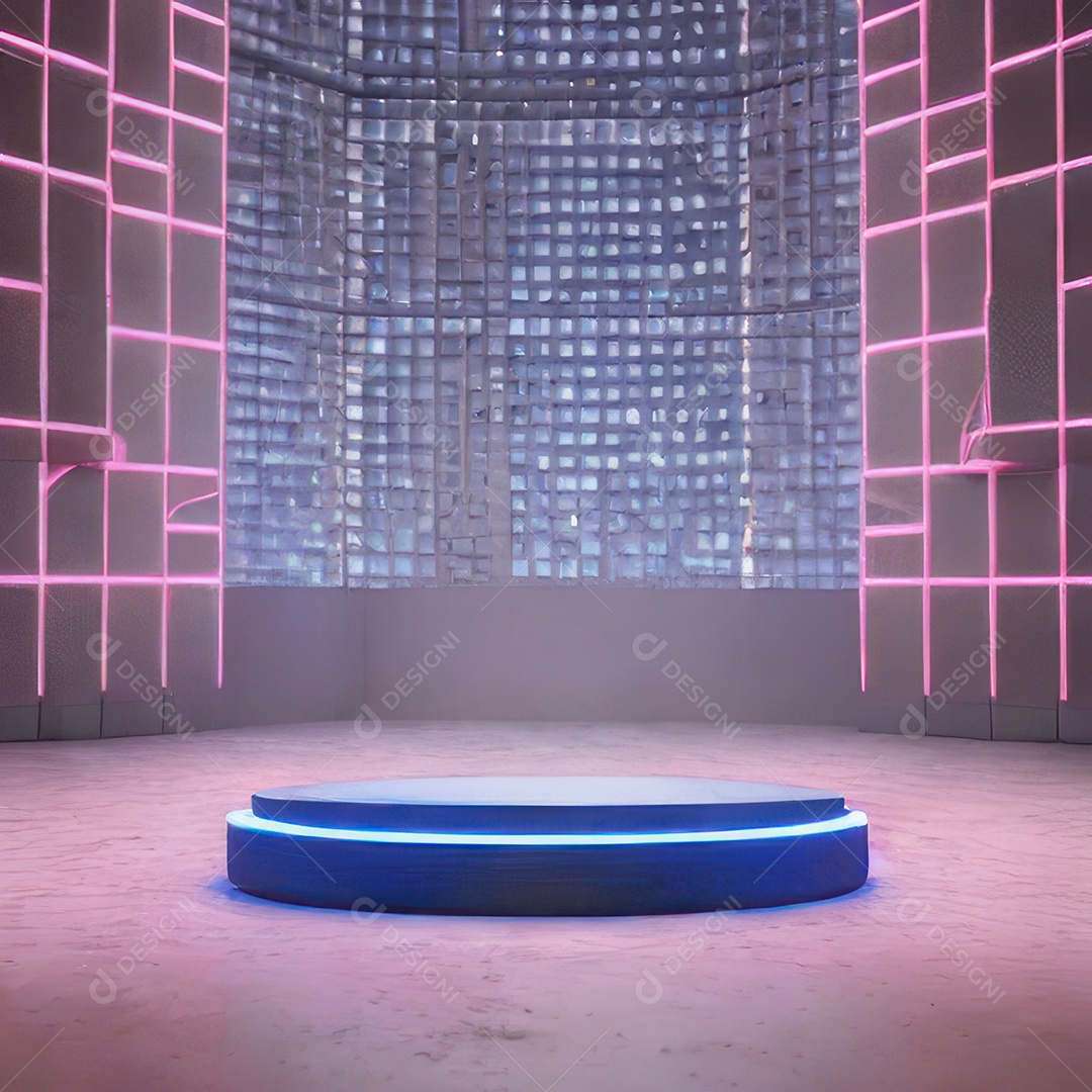 Cenário podium 3D sobre fundo tecnológico.