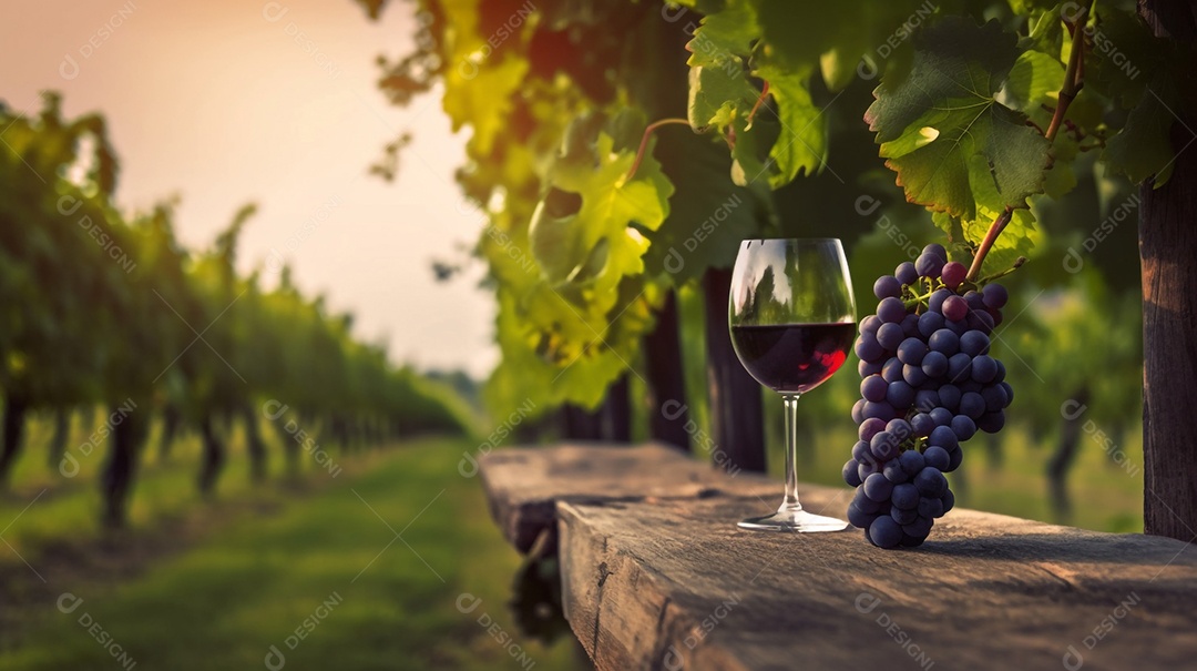 Taça de vinho sobre madeira na plantação de uvas