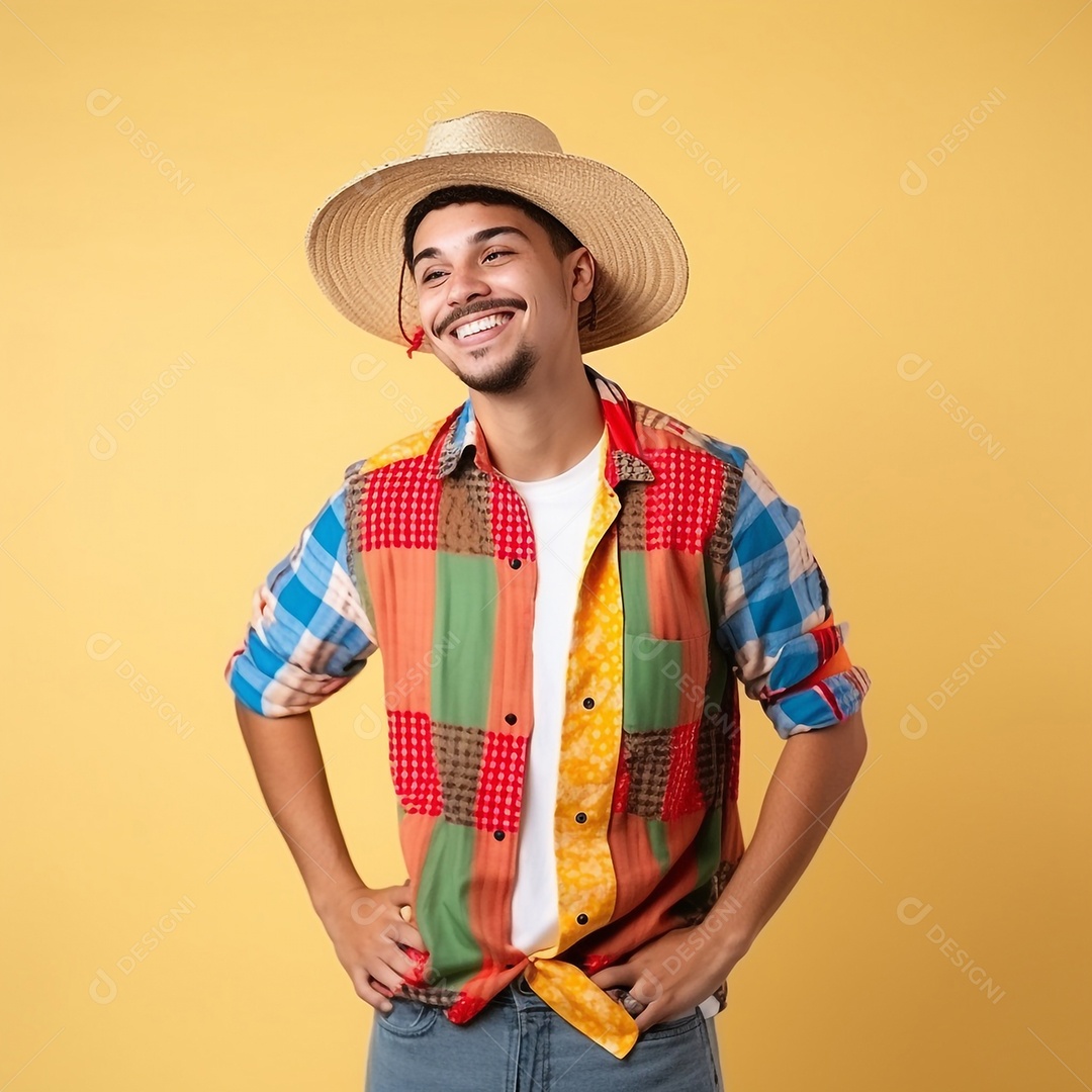 Homem bonito sorridente com chapéu e roupas de festa junina