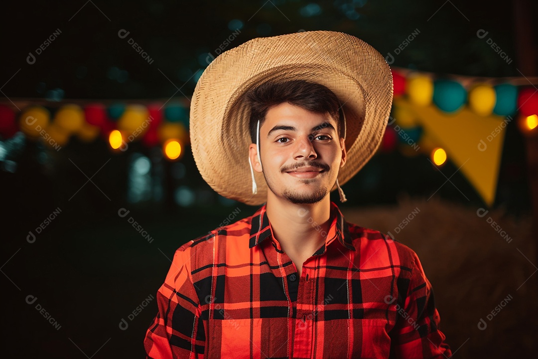 Homem bonito sorridente com chapéu e roupas de festa junina