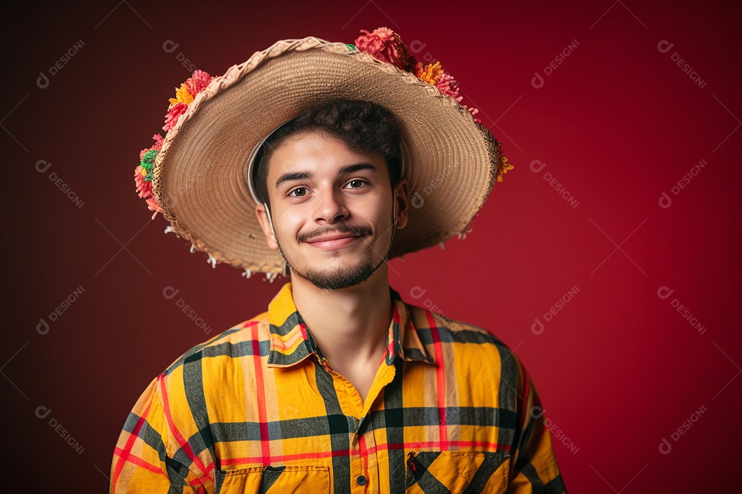 Homem sorridente com chapéu e roupas de festa junina