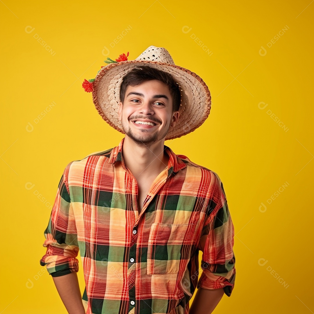 Homem sorridente com chapéu e roupas de festa junina