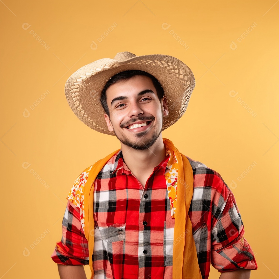 Homem sorridente com chapéu e roupas de festa junina