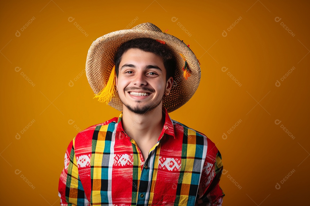 Homem bonito sorridente com chapéu e roupas de festa junina