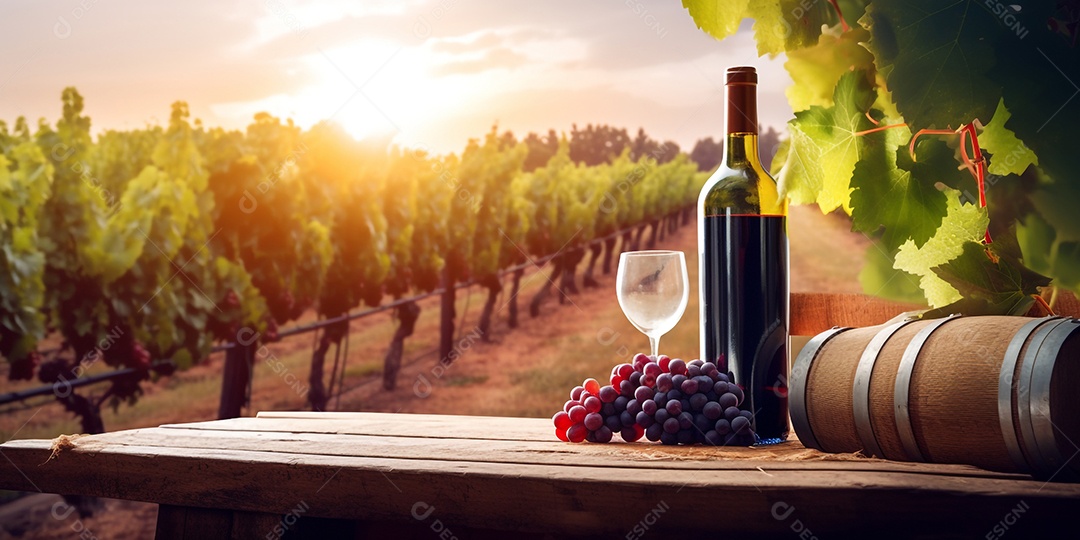 Ilustração Taça de vinho em mesa de madeira fundo parreira de uvas