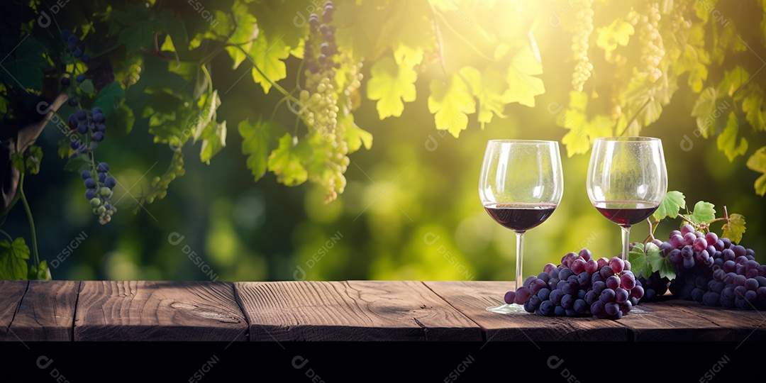 Ilustração Taça de vinho em mesa de madeira fundo parreira de uvas