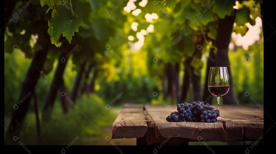 Ilustração Taça de vinho em mesa de madeira fundo parreira de uvas