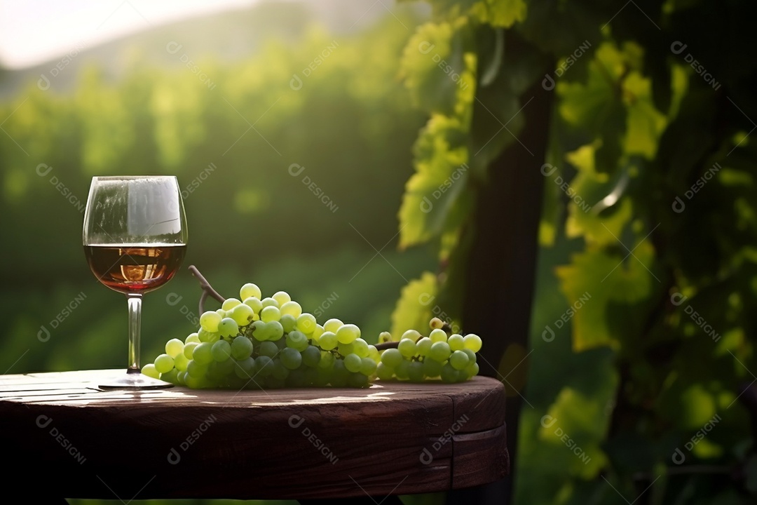 Ilustração Taça de vinho em mesa de madeira fundo parreira de uvas