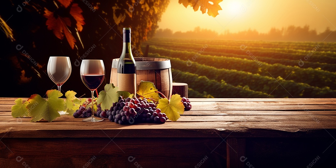 Ilustração Taça de vinho em mesa de madeira fundo parreira de uvas