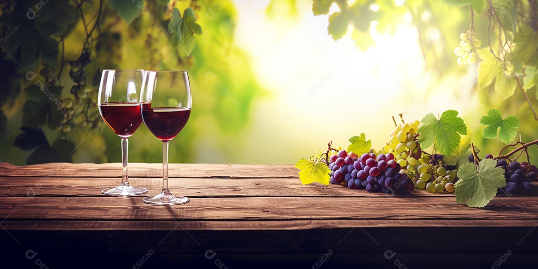 Ilustração Taça de vinho em mesa de madeira fundo parreira de uvas