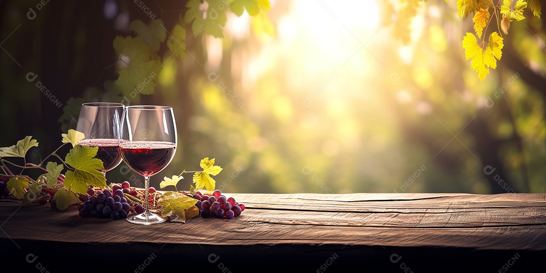 Ilustração Taça de vinho em mesa de madeira fundo parreira de uvas