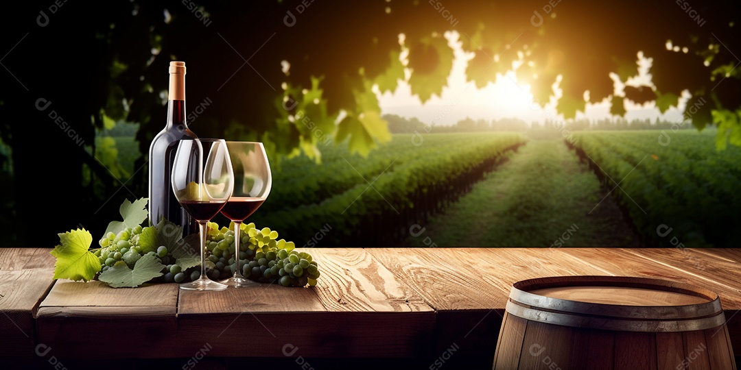 Ilustração Taça de vinho em mesa de madeira fundo parreira de uvas