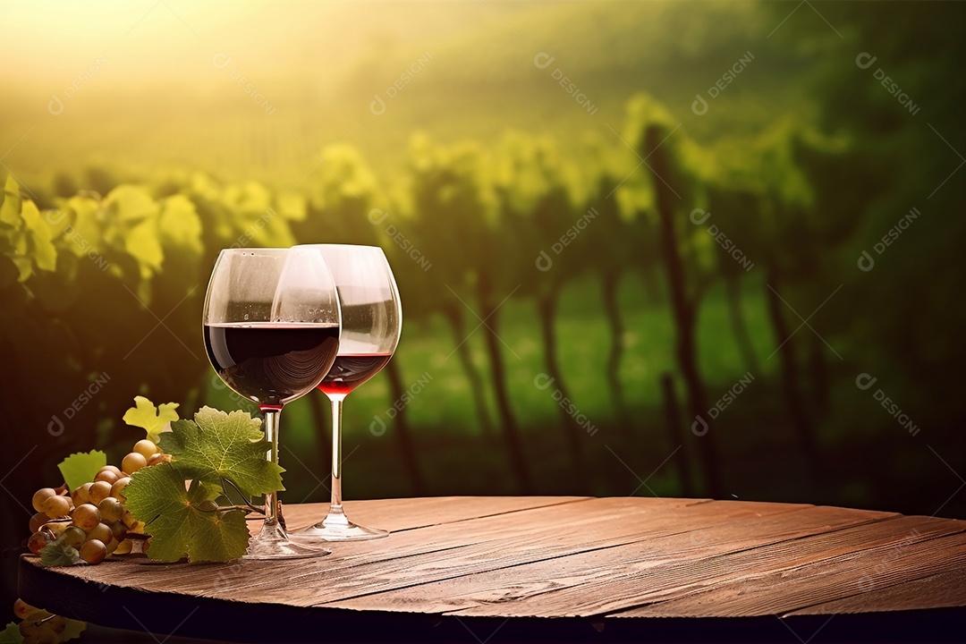 Ilustração Taça de vinho em mesa de madeira fundo parreira de uvas