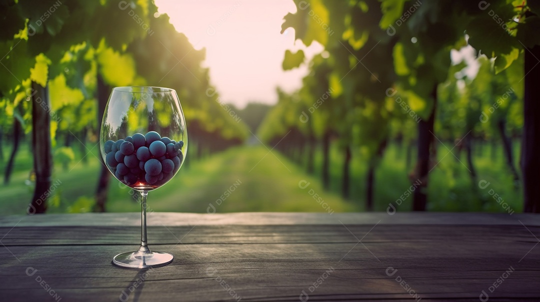 Ilustração Taça de vinho em mesa de madeira fundo parreira de uvas