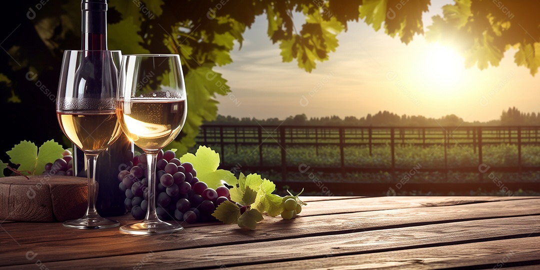 Ilustração Taça de vinho em mesa de madeira fundo parreira de uvas