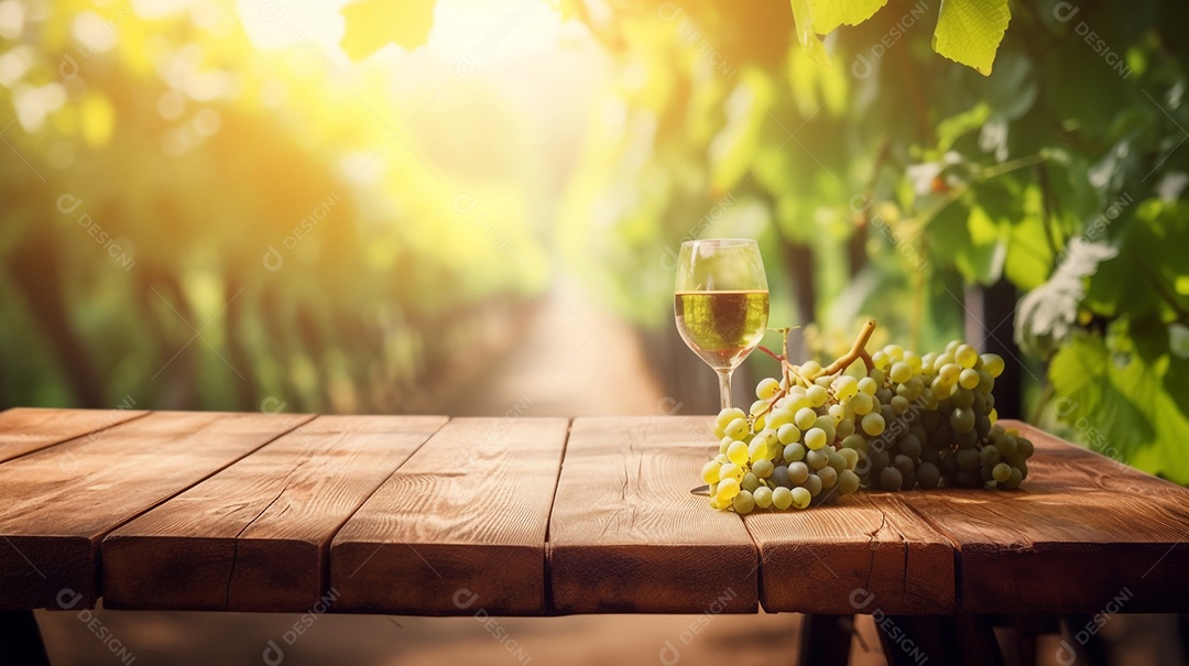 Ilustração Taça de vinho em mesa de madeira fundo parreira de uvas