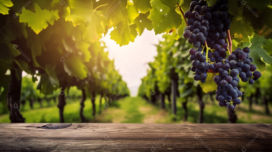 Ilustração Taça de vinho em mesa de madeira fundo parreira de uvas