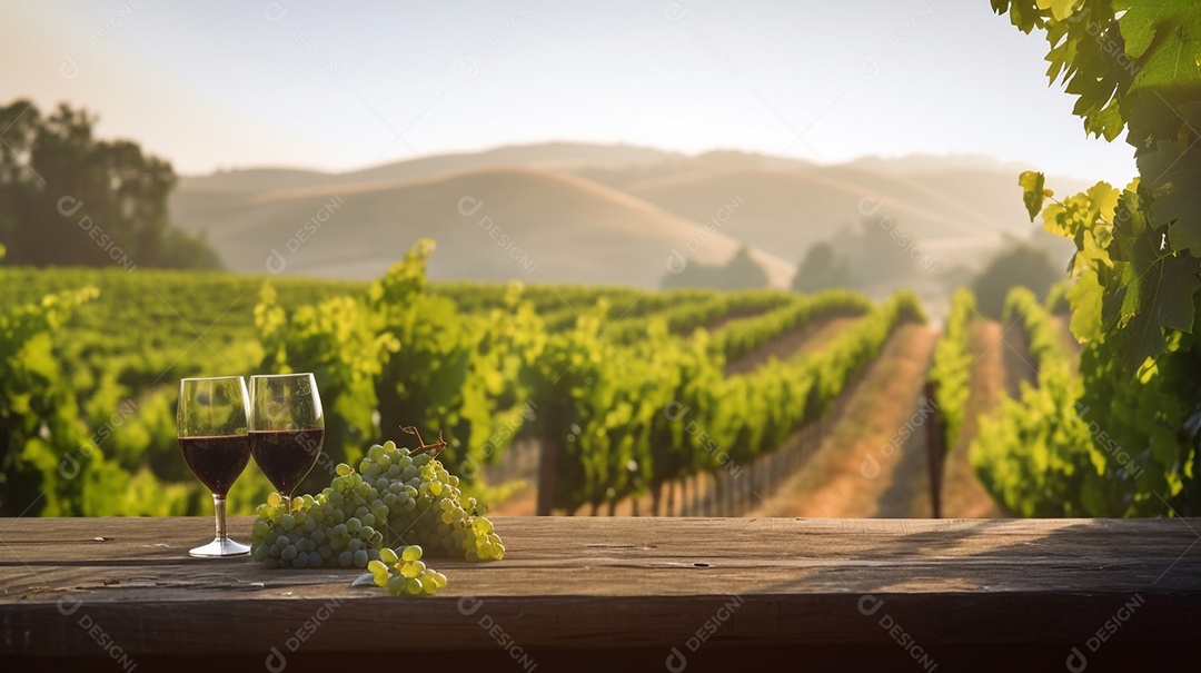 Ilustração Taça de vinho em mesa de madeira fundo parreira de uvas