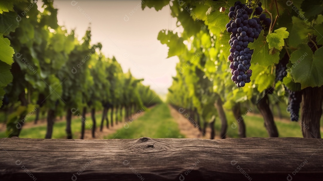 Ilustração Taça de vinho em mesa de madeira fundo parreira de uvas