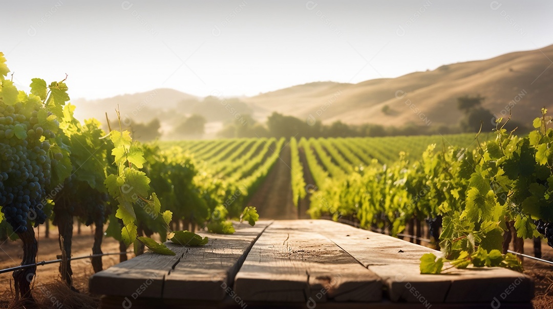 Ilustração Taça de vinho em mesa de madeira fundo parreira de uvas