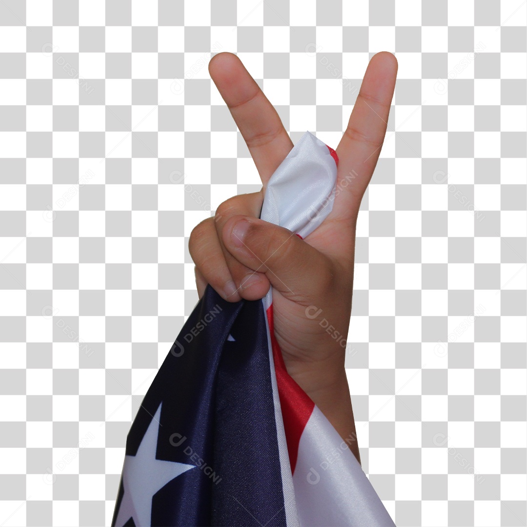 Mão fazendo símbolo de vitória com a bandeira dos EUA PNG Transparente