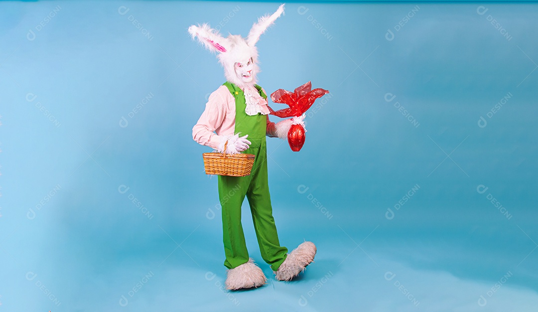 Pessoa fantasiada de coelho da páscoa sobre fundo isolado