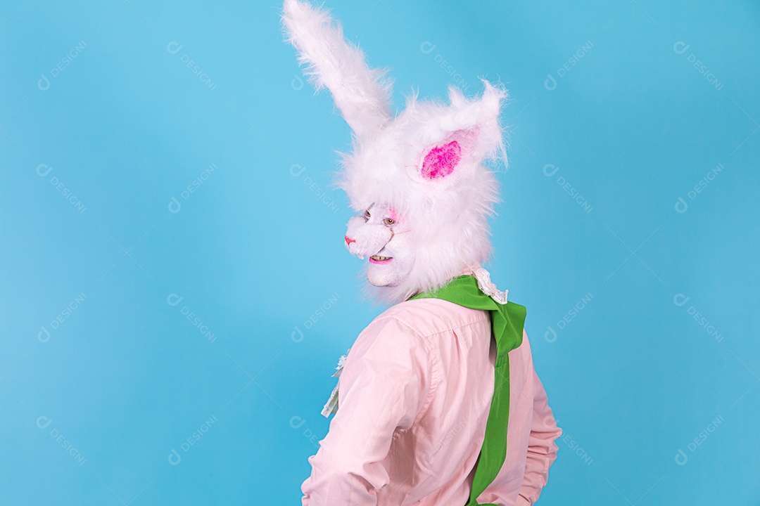 Pessoa fantasiada de coelho da páscoa sobre fundo isolado