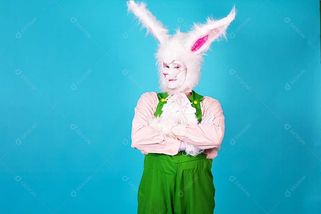 Pessoa fantasiada de coelho da páscoa sobre fundo isolado