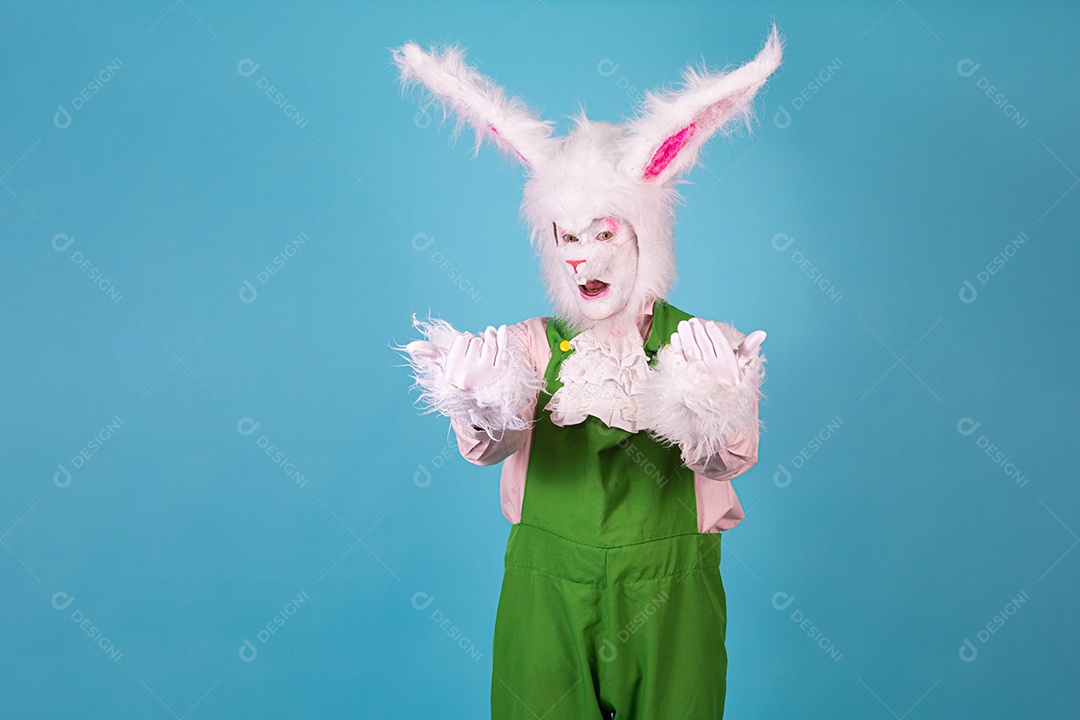 Pessoa fantasiada de coelho da páscoa sobre fundo isolado