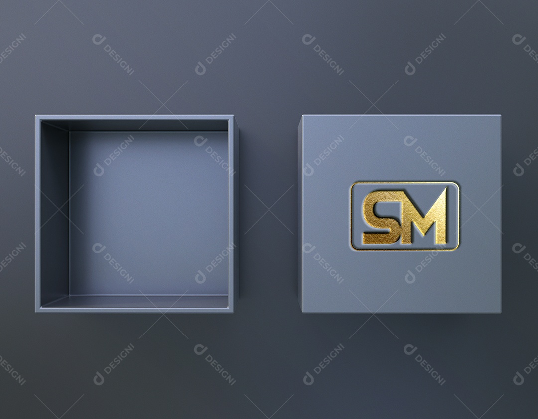 Mockup Caixa e Tampa Logo SM Dourado PSD Editável