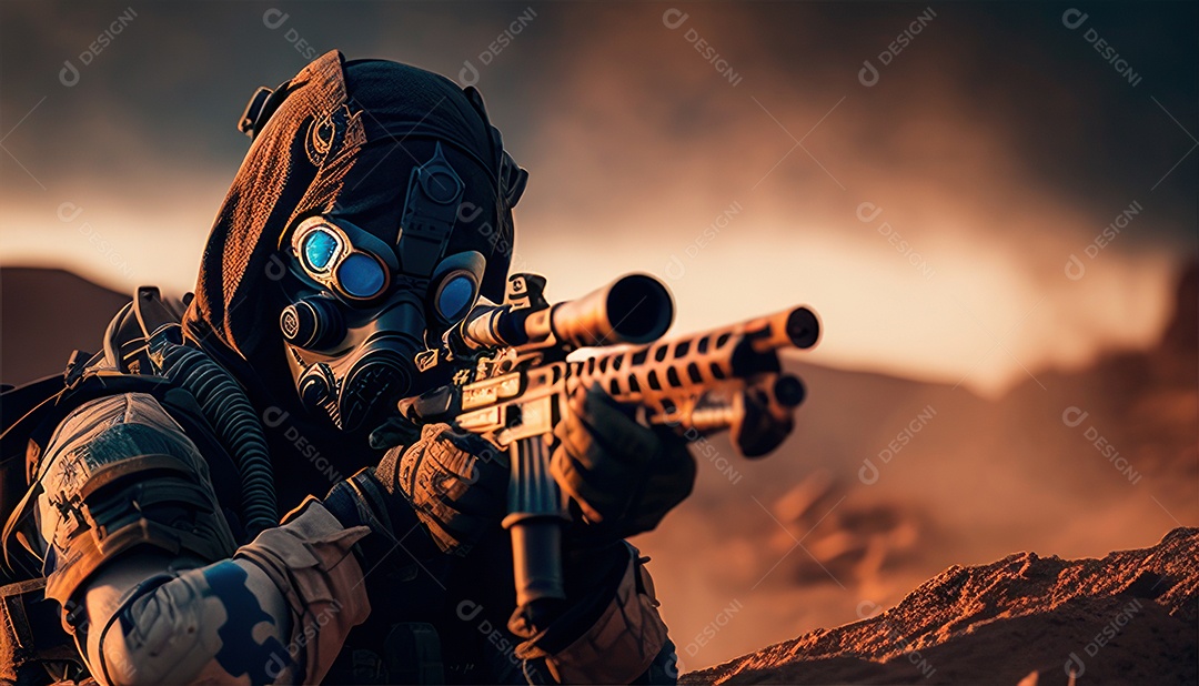 Jovem soldado usando máscara.