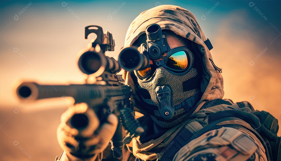 Jovem soldado usando máscara.