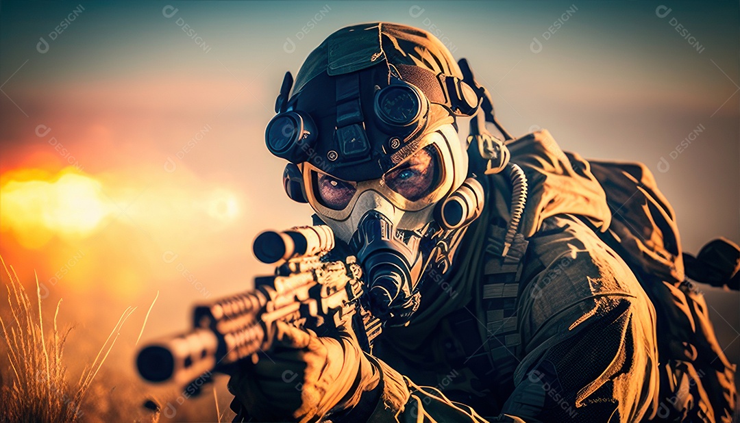 Jovem soldado usando máscara.