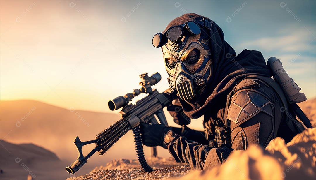 Jovem soldado usando máscara.