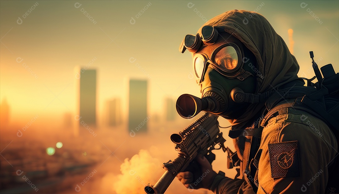 Jovem soldado usando máscara.