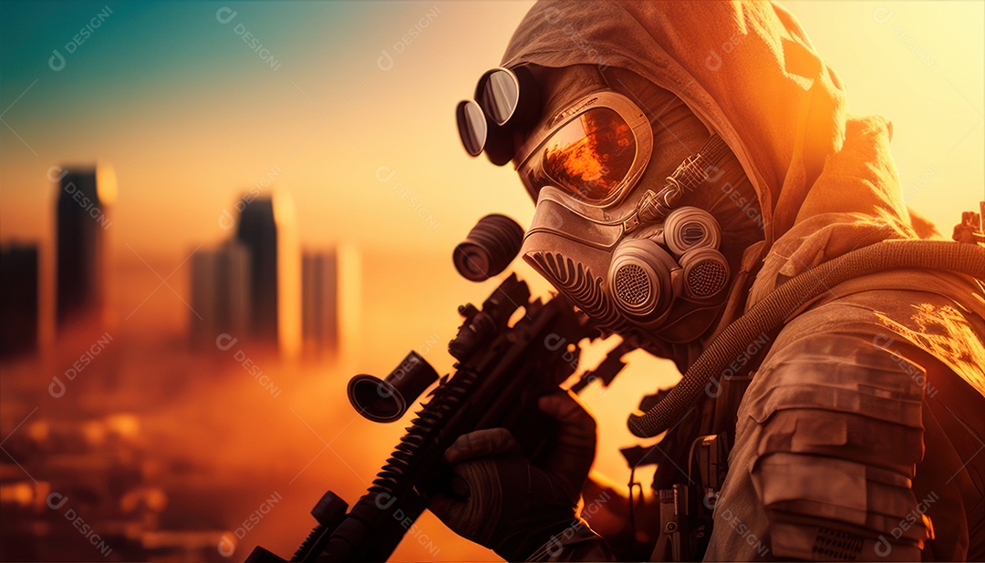 Jovem soldado usando máscara.