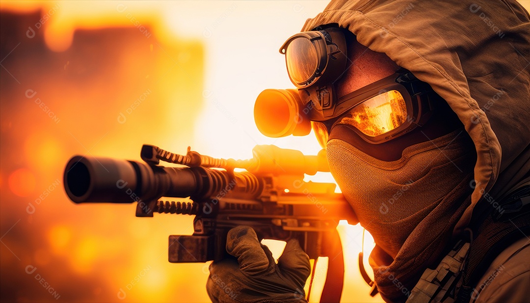 Jovem soldado usando máscara.