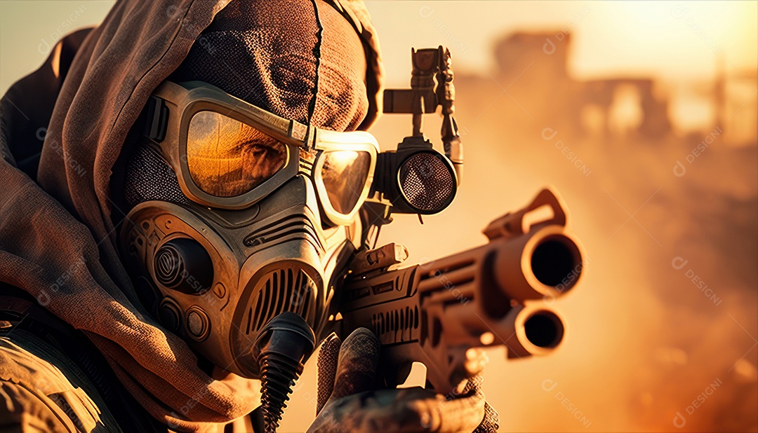 Jovem soldado usando máscara.