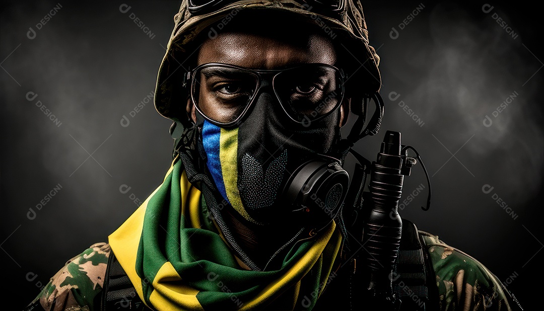 Jovem soldado usando máscara.