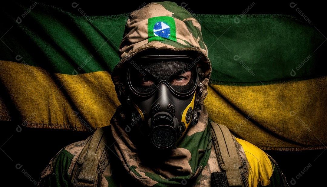 Jovem soldado usando máscara.