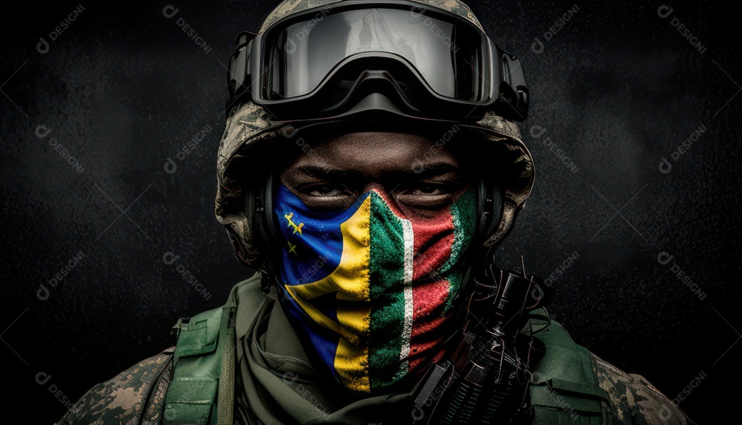 Jovem soldado usando máscara.