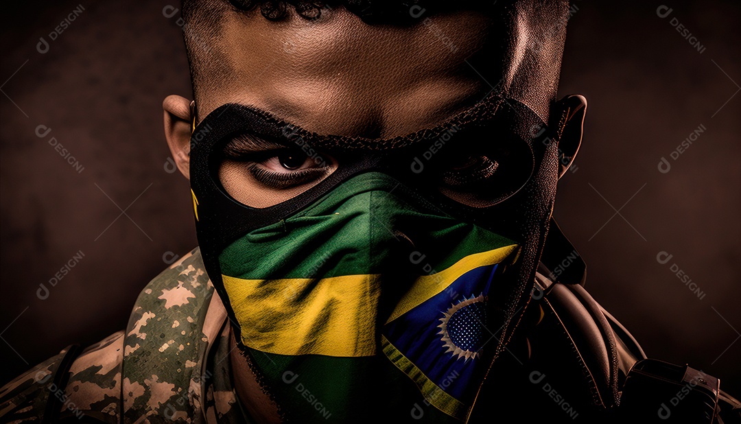 Jovem soldado usando máscara.