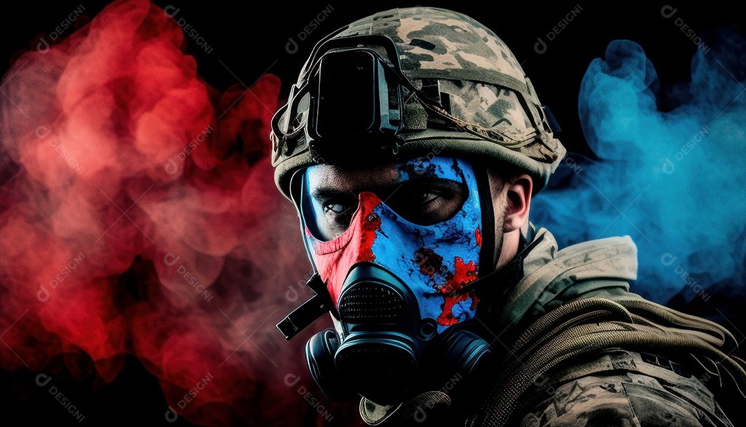 Jovem soldado usando máscara.