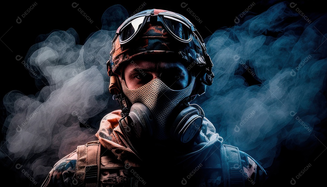 Jovem soldado usando máscara.