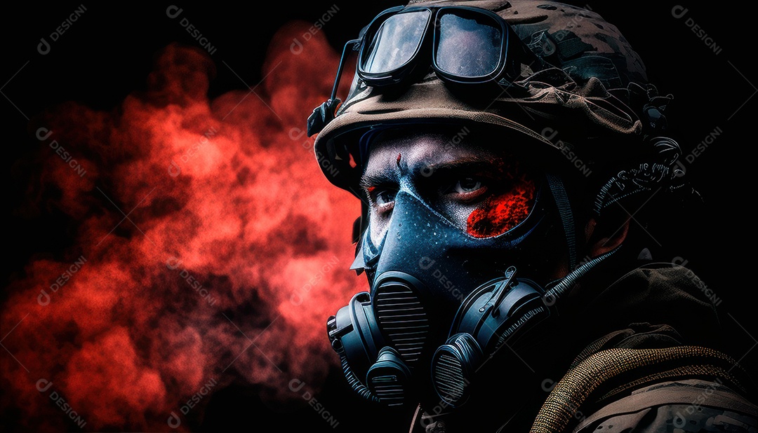 Jovem soldado usando máscara.