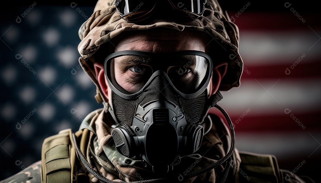 Jovem soldado usando máscara.
