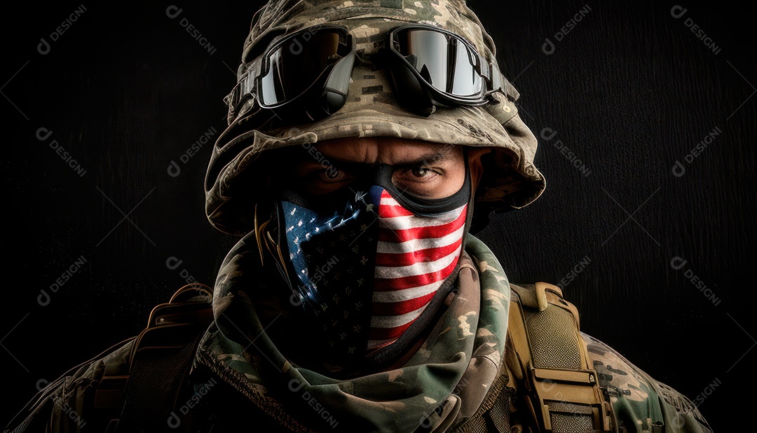 Jovem soldado usando máscara.