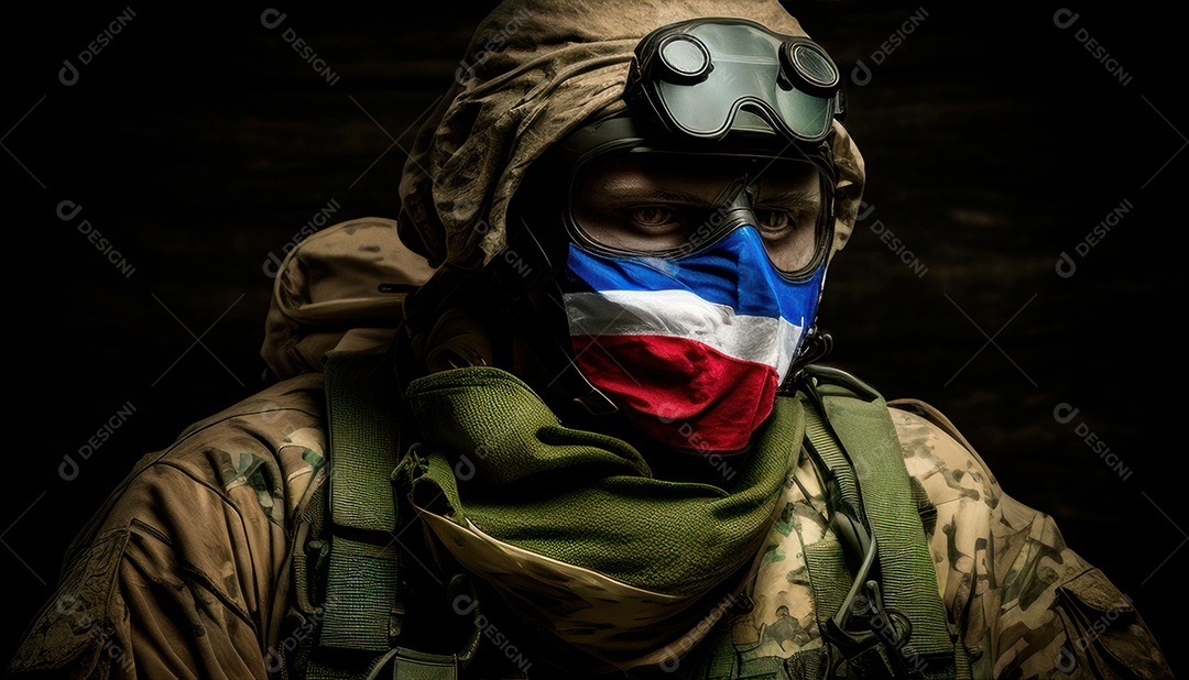 Jovem soldado usando máscara.