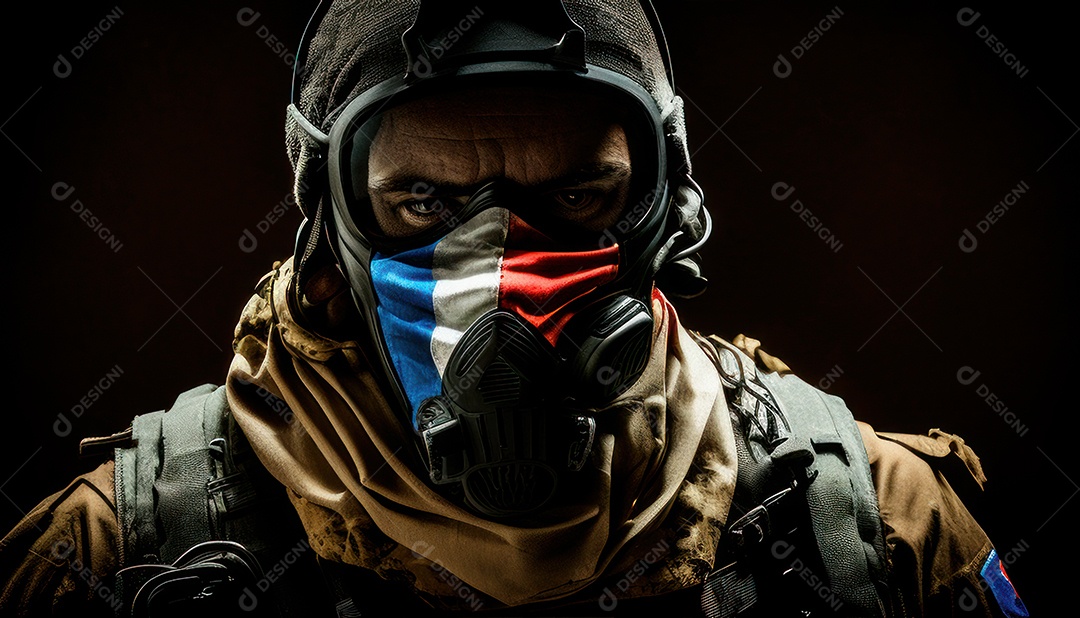 Jovem soldado usando máscara.