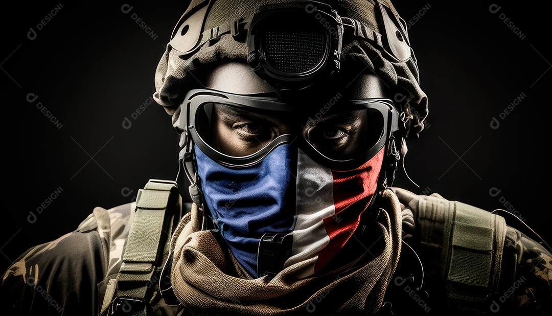 Jovem soldado usando máscara.